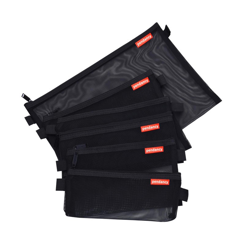 Pendancy Mesh Zipper Pouch 5pcs Lightweight Nylon File Folders Document Organizer Cosmetic Bags Accessories Storage for Travel and Office Supplies (Black, A4 A5 A6) - Image 1